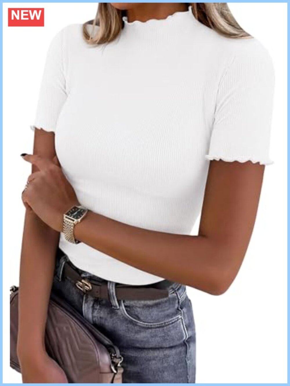 Ribbed Knit Mock Neck Lettuce Trim Short Sleeve Top